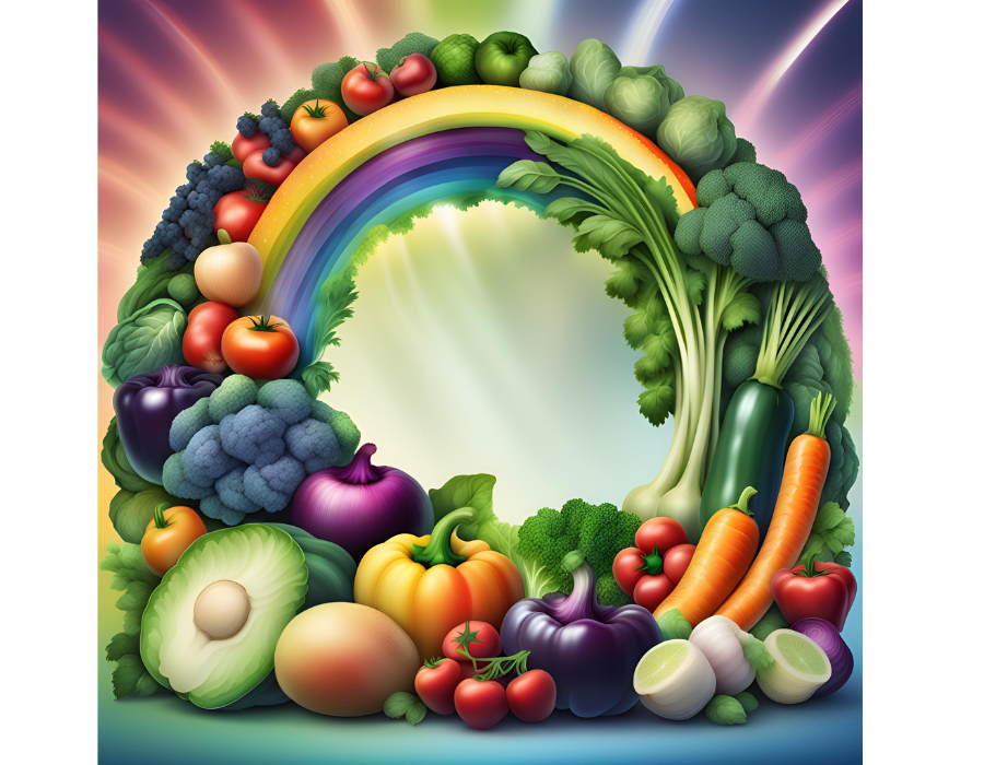 Cartoonish circle of colorful vegetables and herbs in rainbow coloration