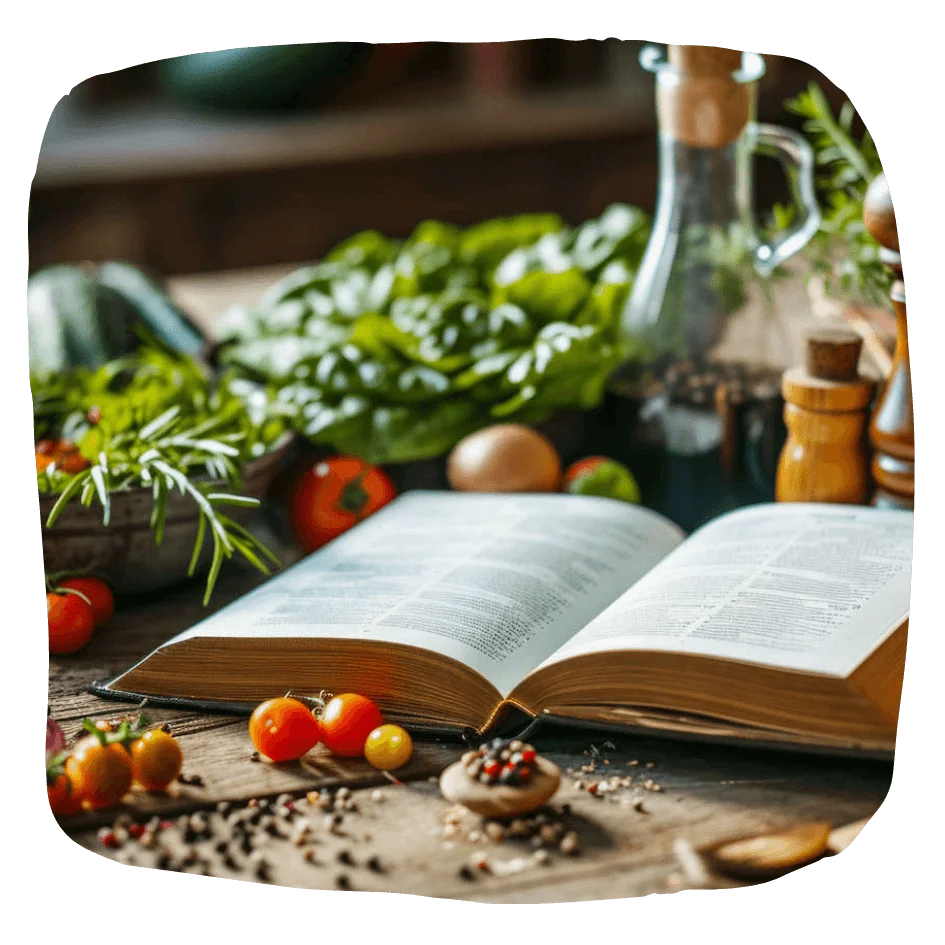Recipe book open on a wooden table with herbs and fresh veggies aroun