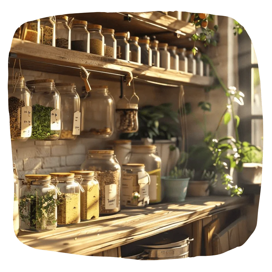 Beautiful pantry with natural sunlight, wood, and herbs in glass jars