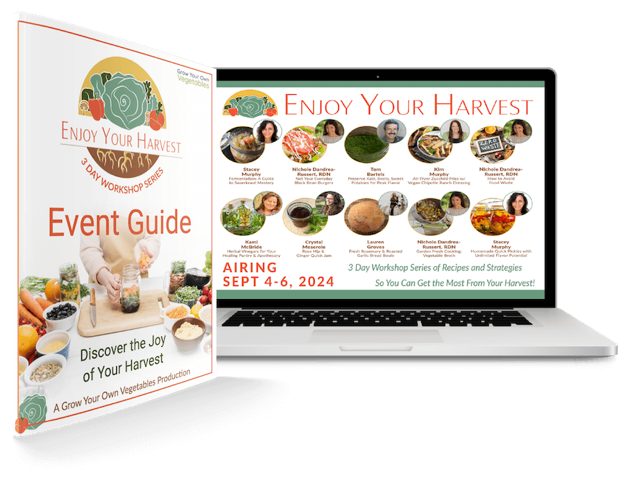 Enjoy Your Harvest Workshop Series Event Guide in booklet form next to a laptop with speaker grid for the event
