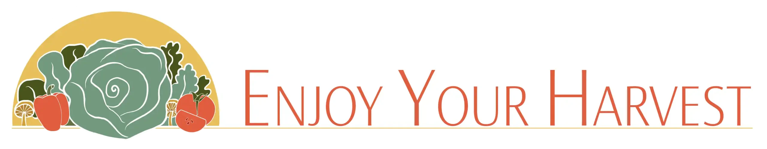 Enjoy Your Harvest Logo with cartoon veggies on one side