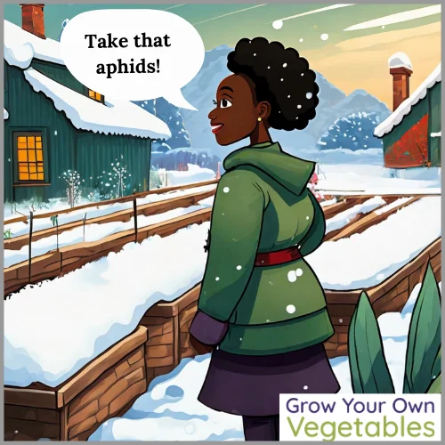 Two snowmen talking to each other "Be glad that she likes to garden so much or else we wouldn't have noses."