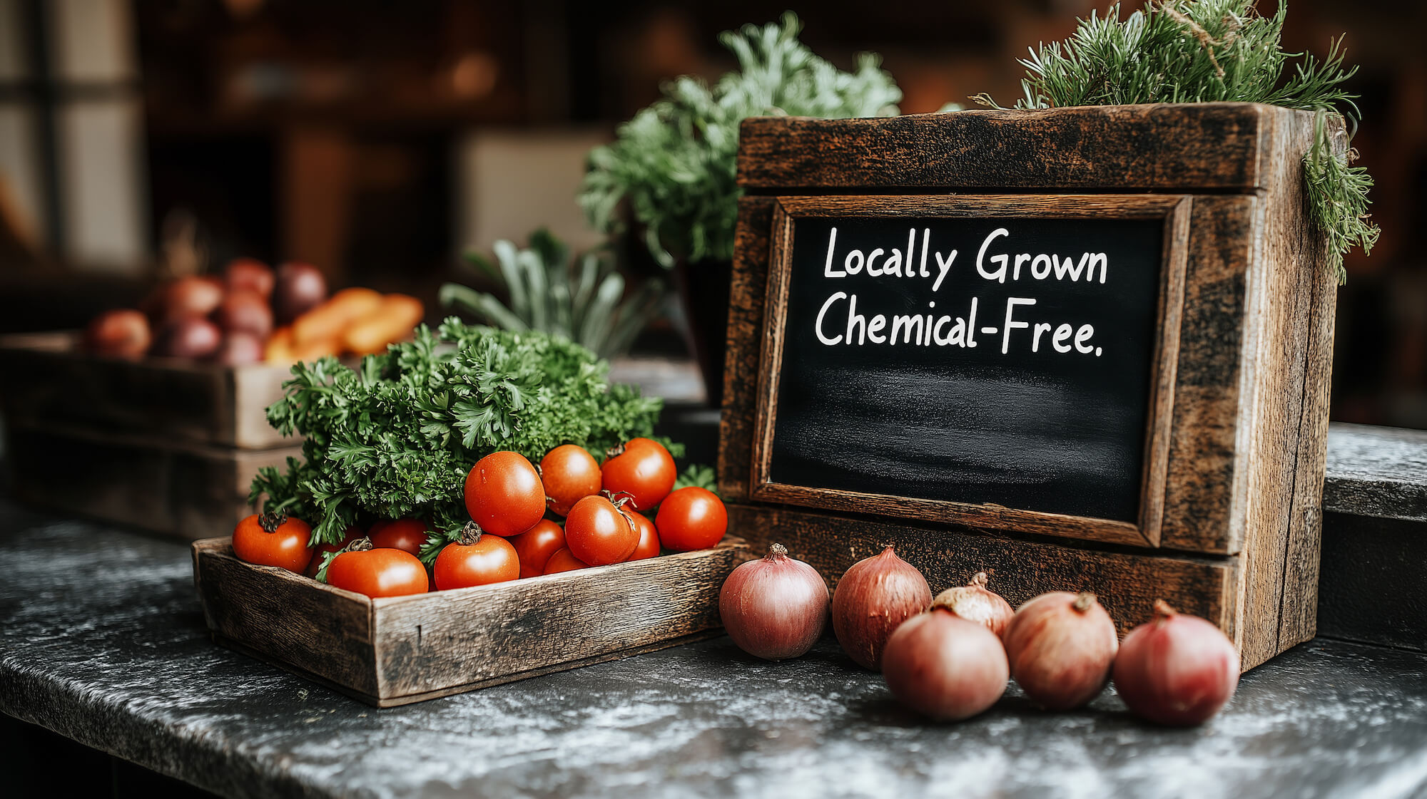 Healthy Transplants - Local, toxic free chalkboard sign with fresh tomatoes and potatoes