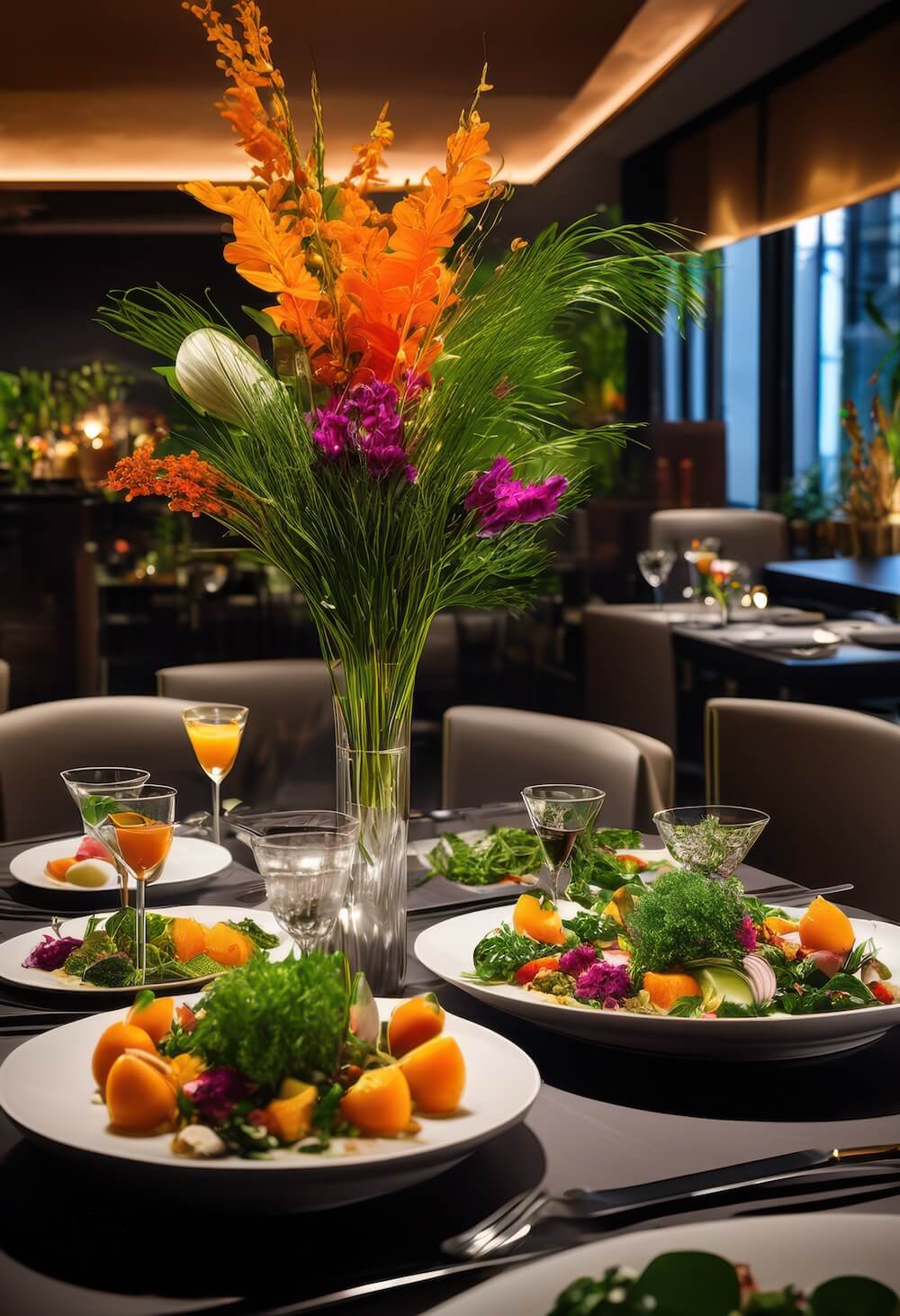 Table Setting - 6 Plant-Based Recipes - evening and orange with fresh food - Fresh Food Journey