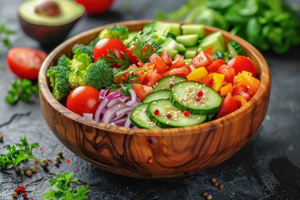 Superfood Bowl - Fresh Rainbow Vegetables in a Wooden bowl on grey counter - Fresh Food Journey