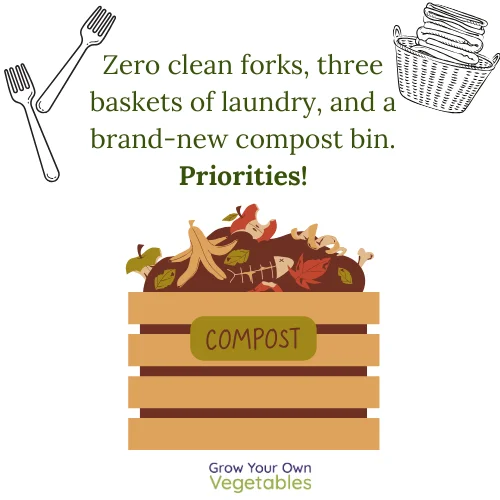 06.06.2025 Cartoon of a compost box "Zeron clean forks, three baskets of laundry, and a brand-new-compost bin...priorities!"