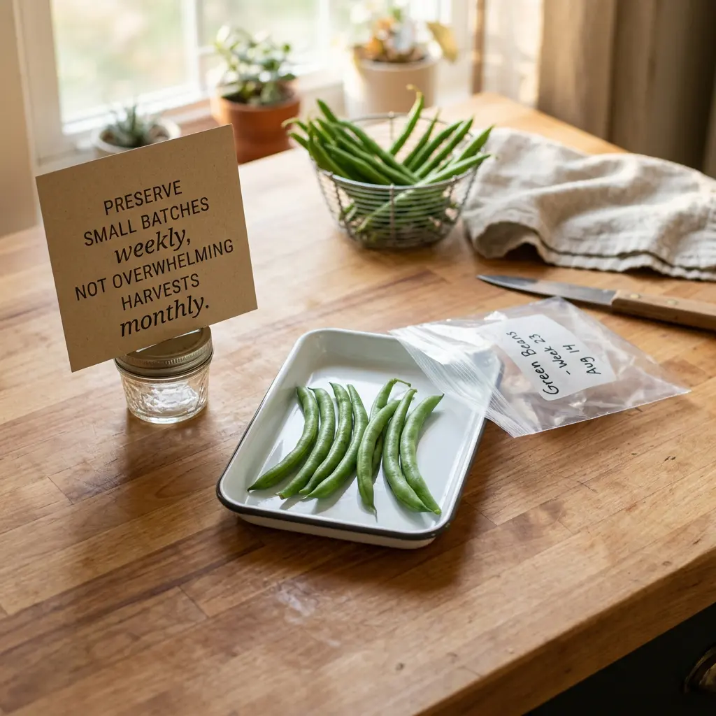 Plate of green beans on a butcher block countertop